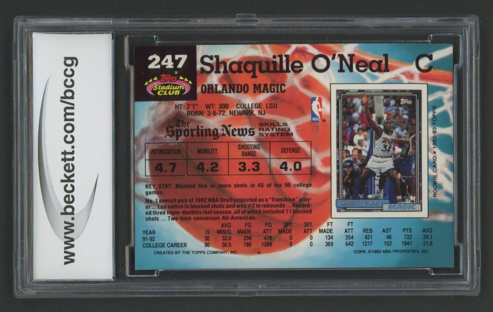 Shaquille O'Neal 1992 Topps Stadium Club #247 RC (BCCG 10) at PristineAuction.com Shaquille O'Neal 1992 Topps Stadium Club #247 RC (BCCG 10) at PristineAuction.com