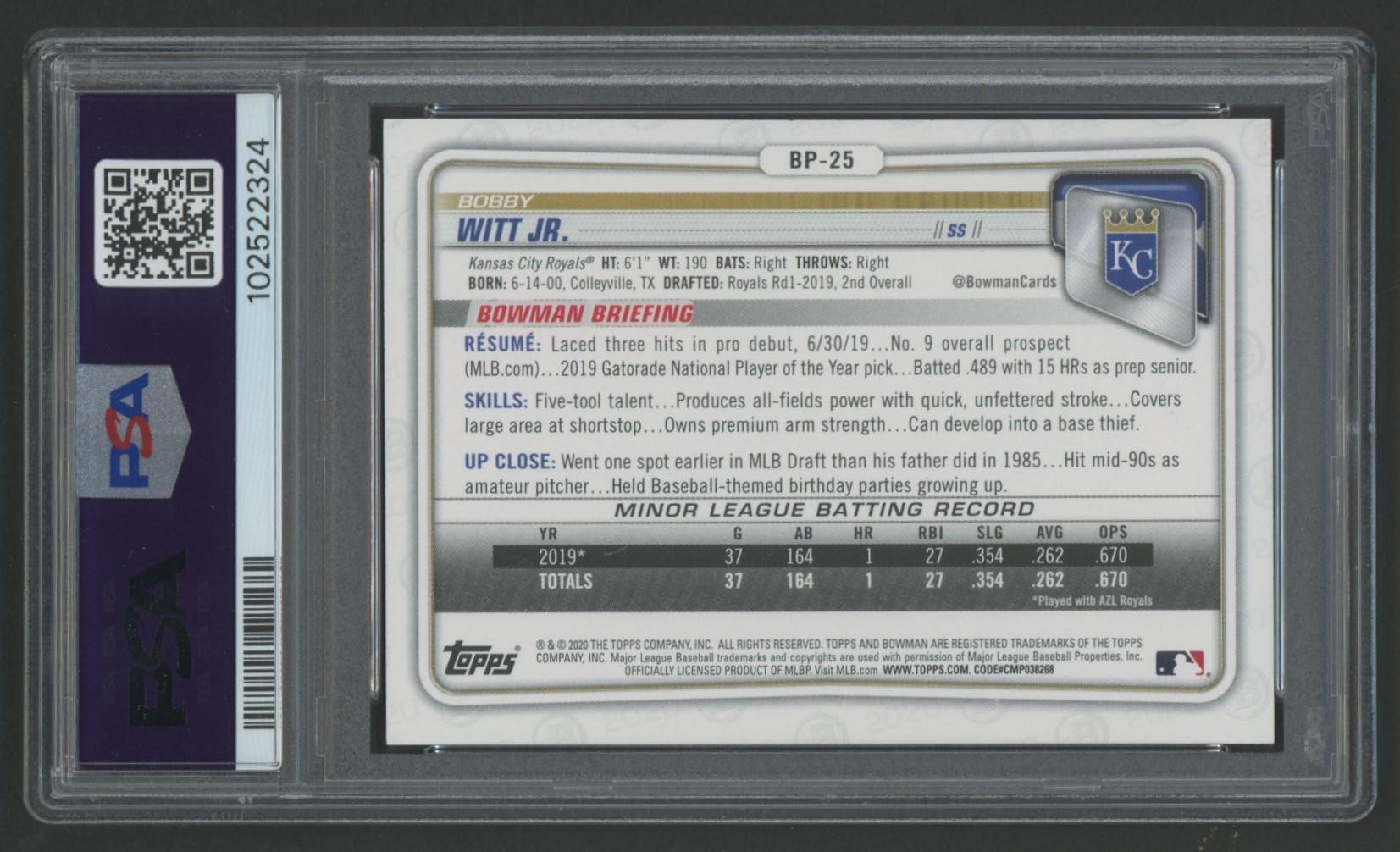 Bobby Witt Jr. Signed 2020 Bowman Prospects #BP25 (PSA 9 | Auto 10) at PristineAuction.com Bobby Witt Jr. Signed 2020 Bowman Prospects #BP25 (PSA 9 | Auto 10) at PristineAuction.com