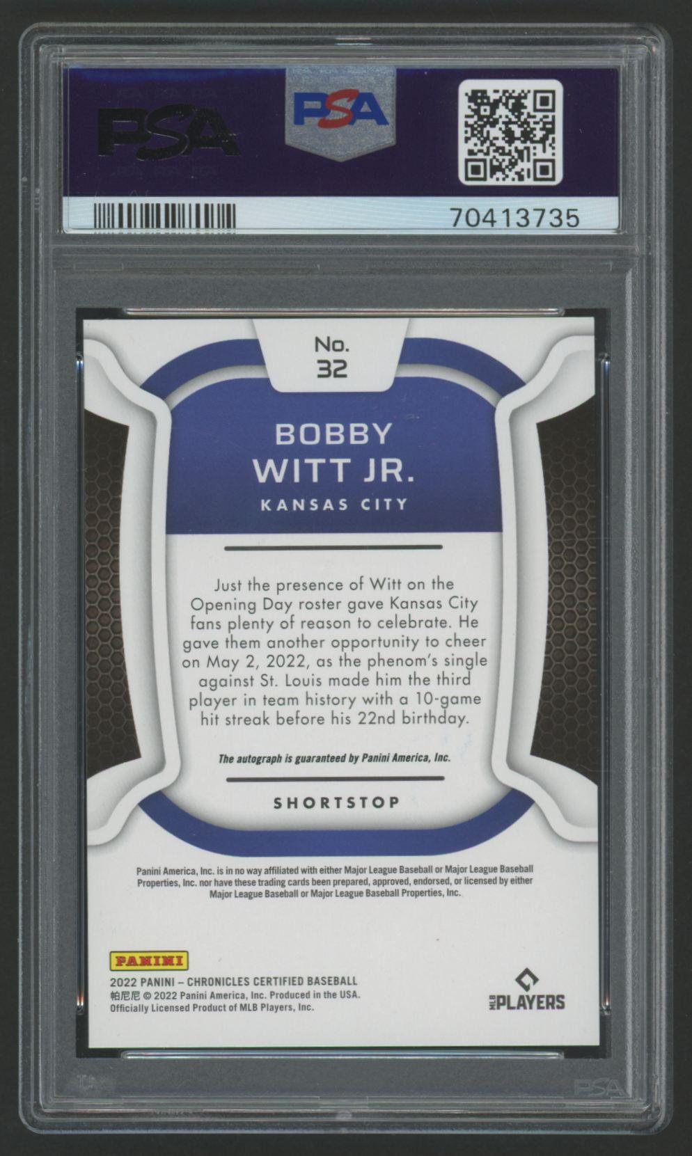 Bobby Witt Jr. 2022 Chronicles Certified Autograph #32 RC (PSA 9) at PristineAuction.com Bobby Witt Jr. 2022 Chronicles Certified Autograph #32 RC (PSA 9) at PristineAuction.com