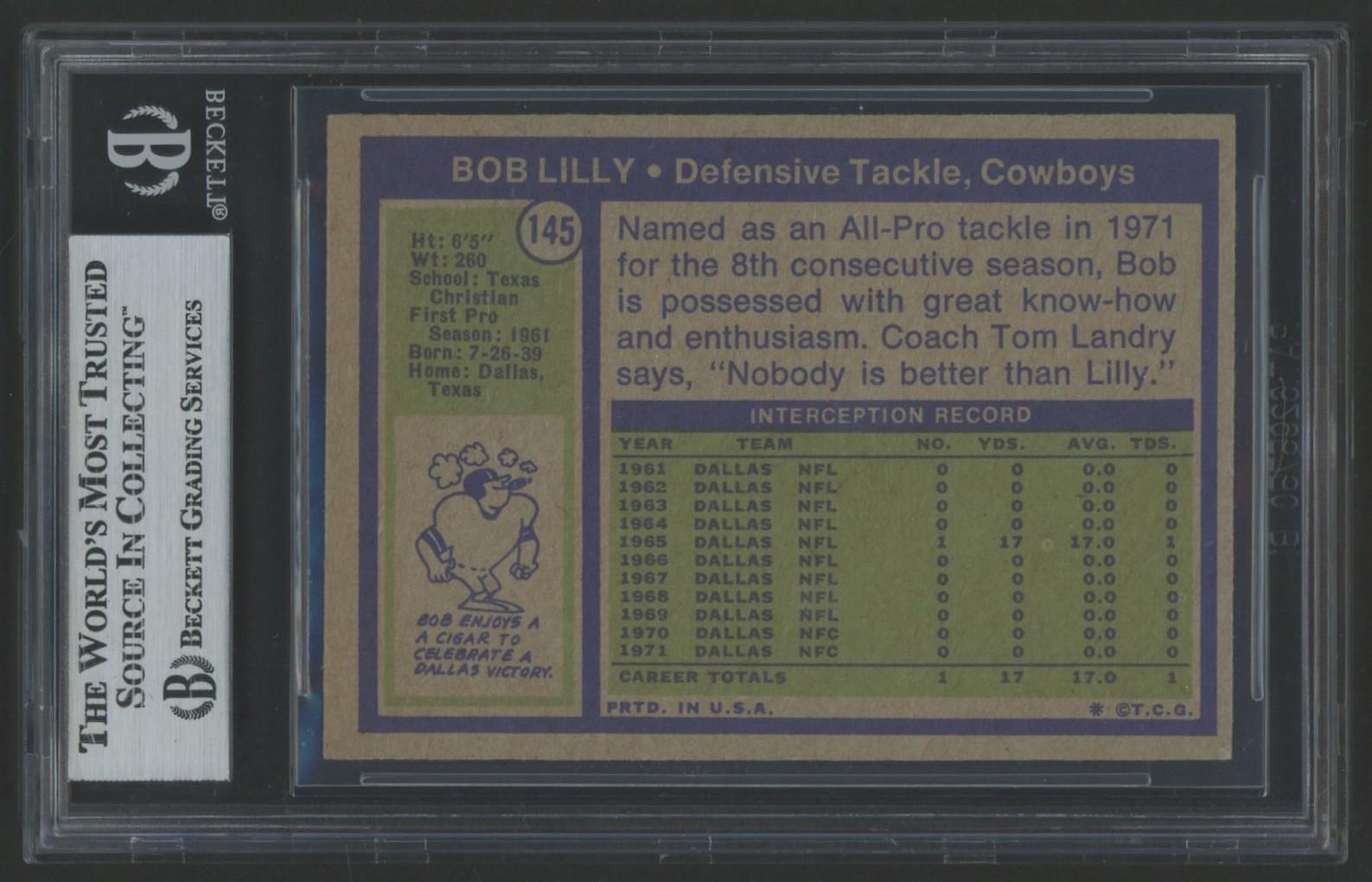 Bob Lilly Signed 1972 Topps #145 Inscribed "HOF 80" (BGS) at PristineAuction.com Bob Lilly Signed 1972 Topps #145 Inscribed "HOF 80" (BGS) at PristineAuction.com