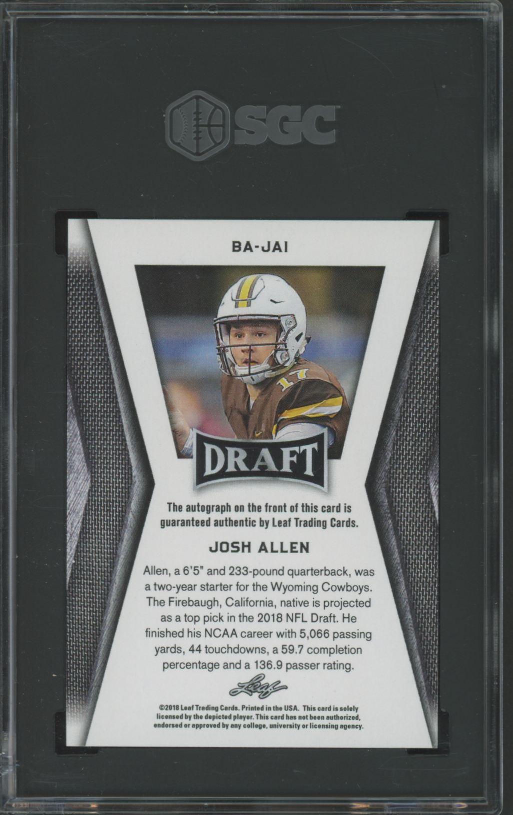 Josh Allen 2018 Leaf Draft Autographed #BAJ1 RC (SGC 9.5 | Auto 10) at PristineAuction.com Josh Allen 2018 Leaf Draft Autographed #BAJ1 RC (SGC 9.5 | Auto 10) at PristineAuction.com
