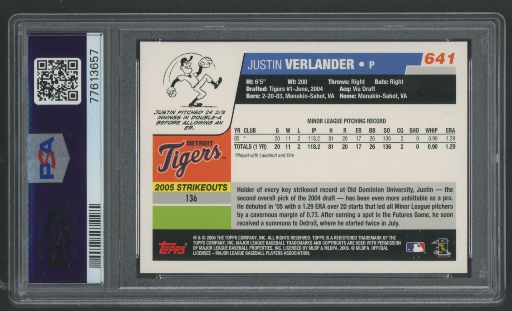 Justin Verlander 2006 Topps #641 RC (PSA 9) at PristineAuction.com Justin Verlander 2006 Topps #641 RC (PSA 9) at PristineAuction.com