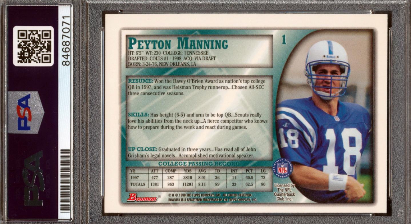 Peyton Manning Signed 1998 Bowman #1 RC (PSA | Autograph Graded 9) at PristineAuction.com Peyton Manning Signed 1998 Bowman #1 RC (PSA | Autograph Graded 9) at PristineAuction.com
