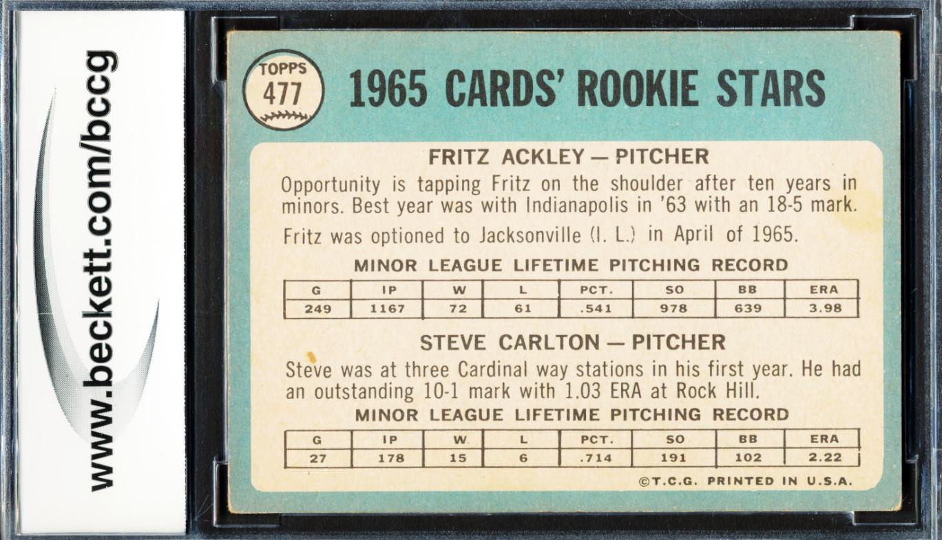 Fritz Ackley / Steve Carlton 1965 Topps #477 Rookie Stars RC (BCCG 7) at PristineAuction.com Fritz Ackley / Steve Carlton 1965 Topps #477 Rookie Stars RC (BCCG 7) at PristineAuction.com
