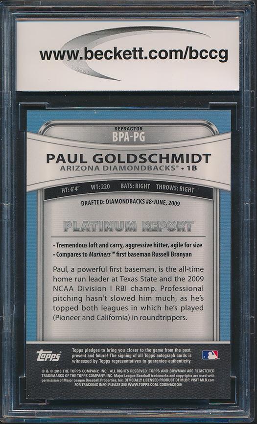 Paul Goldschmidt 2010 Bowman Platinum Prospect Autographs Refractors #PG RC (BCCG 10) at PristineAuction.com Paul Goldschmidt 2010 Bowman Platinum Prospect Autographs Refractors #PG RC (BCCG 10) at PristineAuction.com
