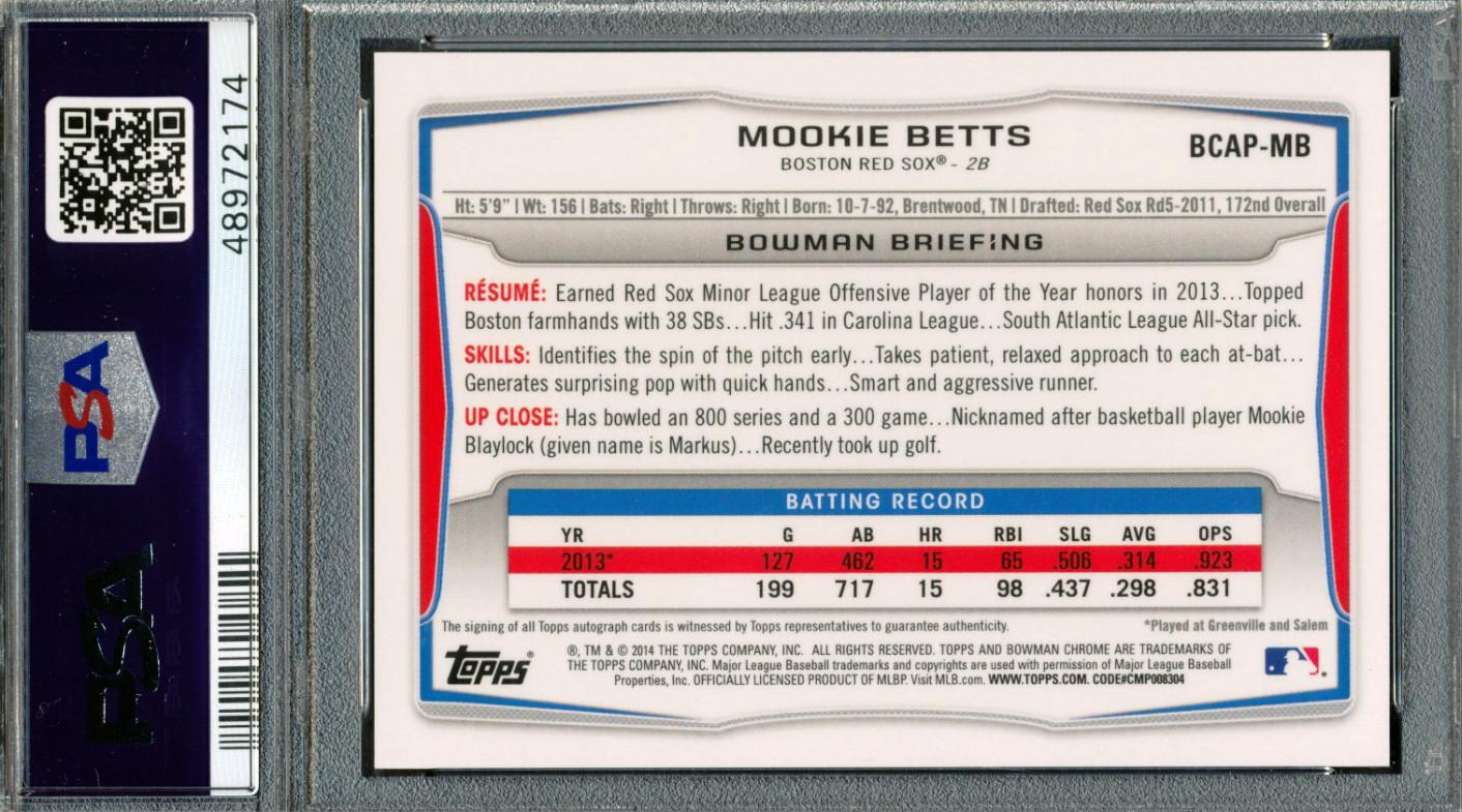 Mookie Betts 2014 Bowman Chrome Prospect Autographs #BCAPMB (PSA 10) at PristineAuction.com Mookie Betts 2014 Bowman Chrome Prospect Autographs #BCAPMB (PSA 10) at PristineAuction.com