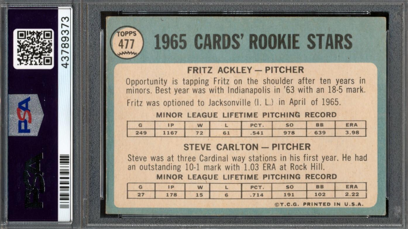 Steve Carlton Signed Fritz Ackley / Steve Carlton RC 1965 Topps Rookie Stars #477 (PSA) at PristineAuction.com Steve Carlton Signed Fritz Ackley / Steve Carlton RC 1965 Topps Rookie Stars #477 (PSA) at PristineAuction.com