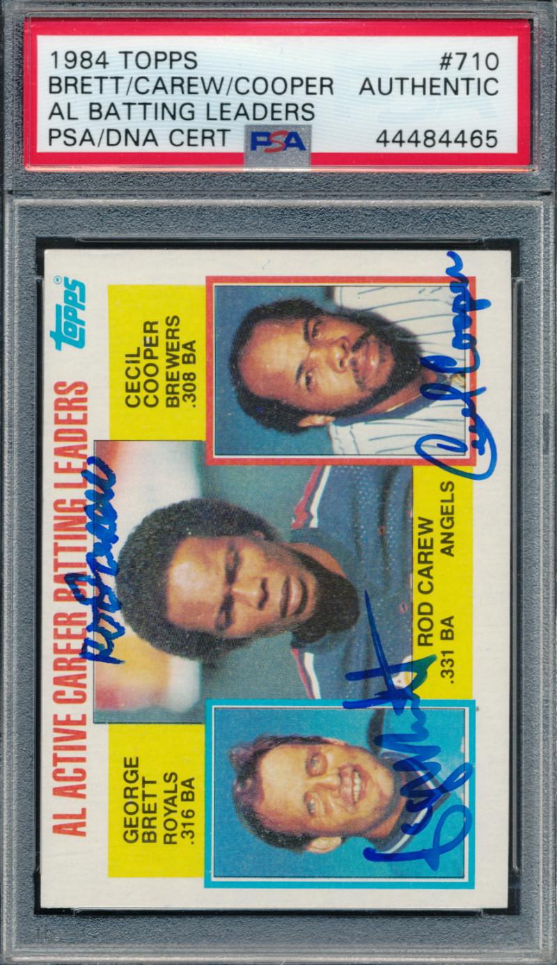 Rod Carew, Cecil Cooper & George Brett Signed 1984 Topps AL Batting Leaders (PSA) at PristineAuction.com Rod Carew, Cecil Cooper & George Brett Signed 1984 Topps AL Batting Leaders (PSA) at PristineAuction.com