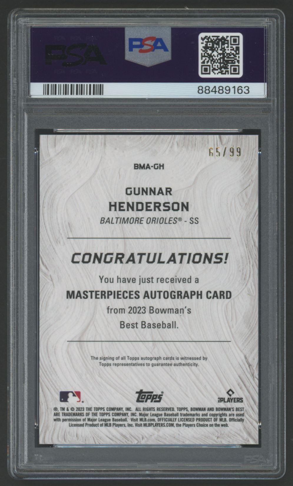 Gunnar Henderson 2023 Bowman's Best Bowman Masterpieces Autographs #BMAGH #65/99 (PSA 8) at PristineAuction.com Gunnar Henderson 2023 Bowman's Best Bowman Masterpieces Autographs #BMAGH #65/99 (PSA 8) at PristineAuction.com