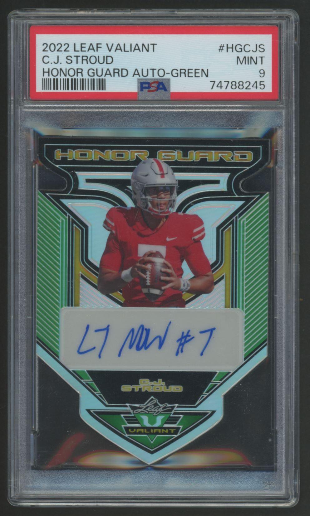 C.J. Stroud 2022 Leaf Valiant Honor Guard Autographs Green #HGCJS #21/30 (PSA 9) at PristineAuction.com C.J. Stroud 2022 Leaf Valiant Honor Guard Autographs Green #HGCJS #21/30 (PSA 9) at PristineAuction.com
