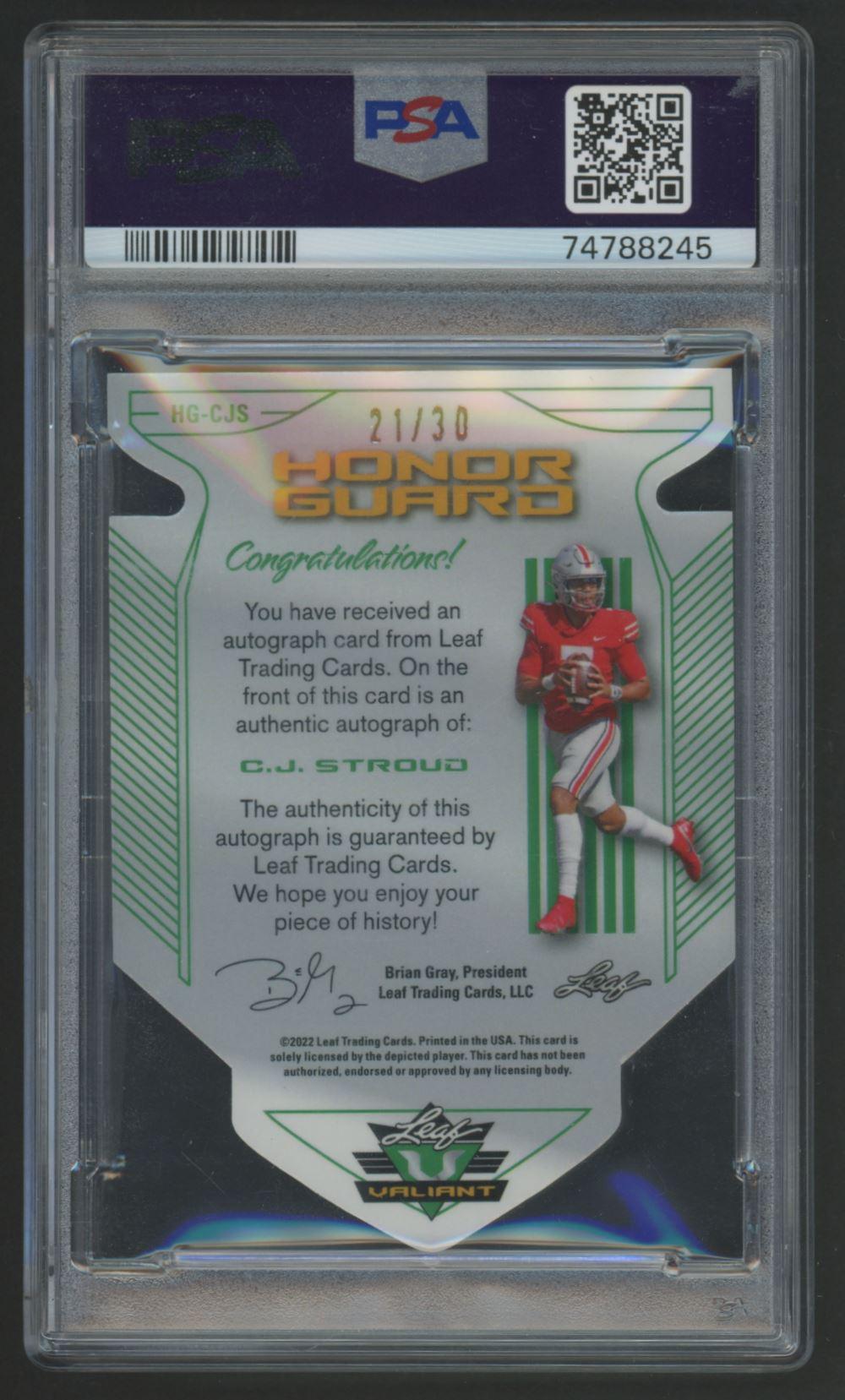 C.J. Stroud 2022 Leaf Valiant Honor Guard Autographs Green #HGCJS #21/30 (PSA 9) at PristineAuction.com C.J. Stroud 2022 Leaf Valiant Honor Guard Autographs Green #HGCJS #21/30 (PSA 9) at PristineAuction.com