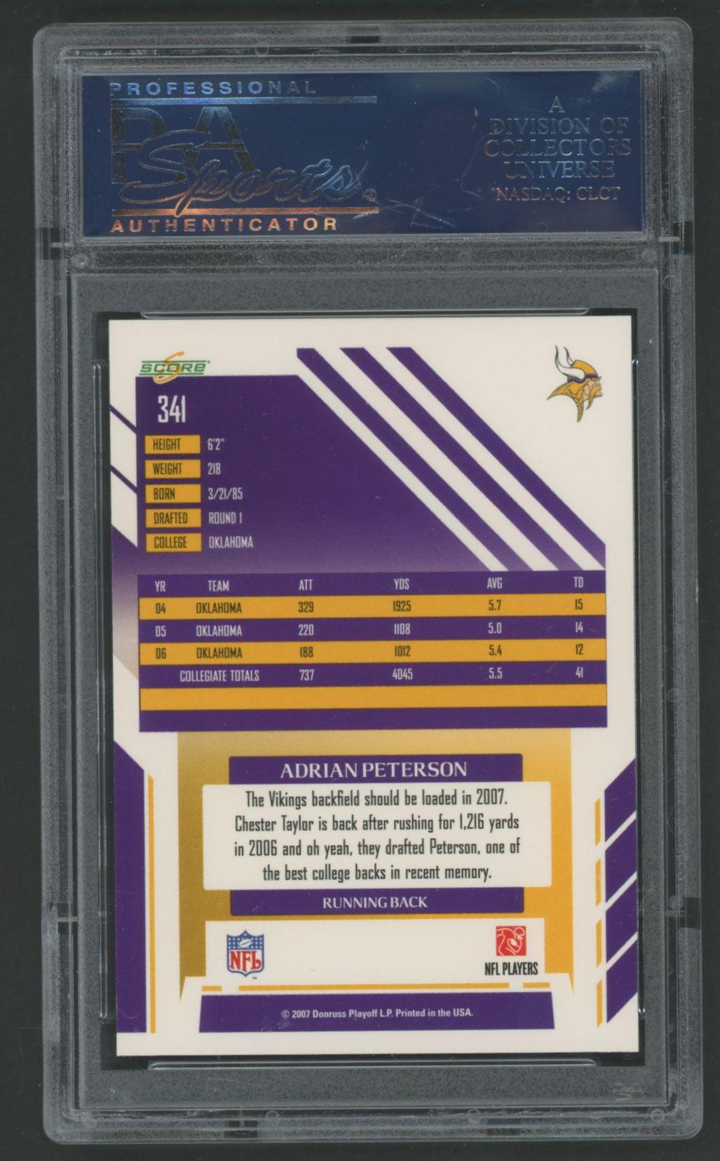 Adrian Peterson 2007 Score #341 RC (PSA 10) at PristineAuction.com Adrian Peterson 2007 Score #341 RC (PSA 10) at PristineAuction.com