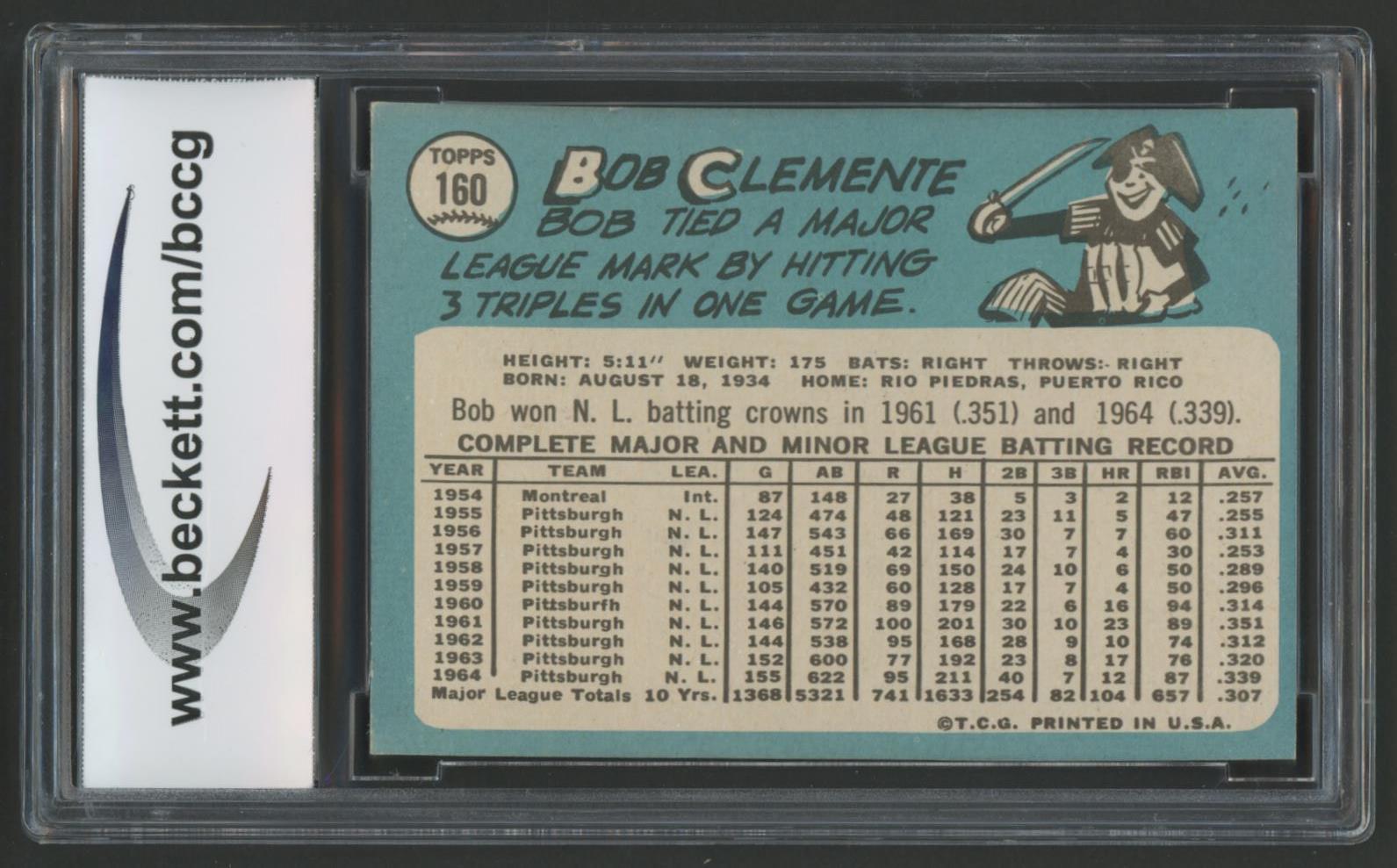 Roberto Clemente 1965 Topps #160 (BCCG 9) at PristineAuction.com Roberto Clemente 1965 Topps #160 (BCCG 9) at PristineAuction.com