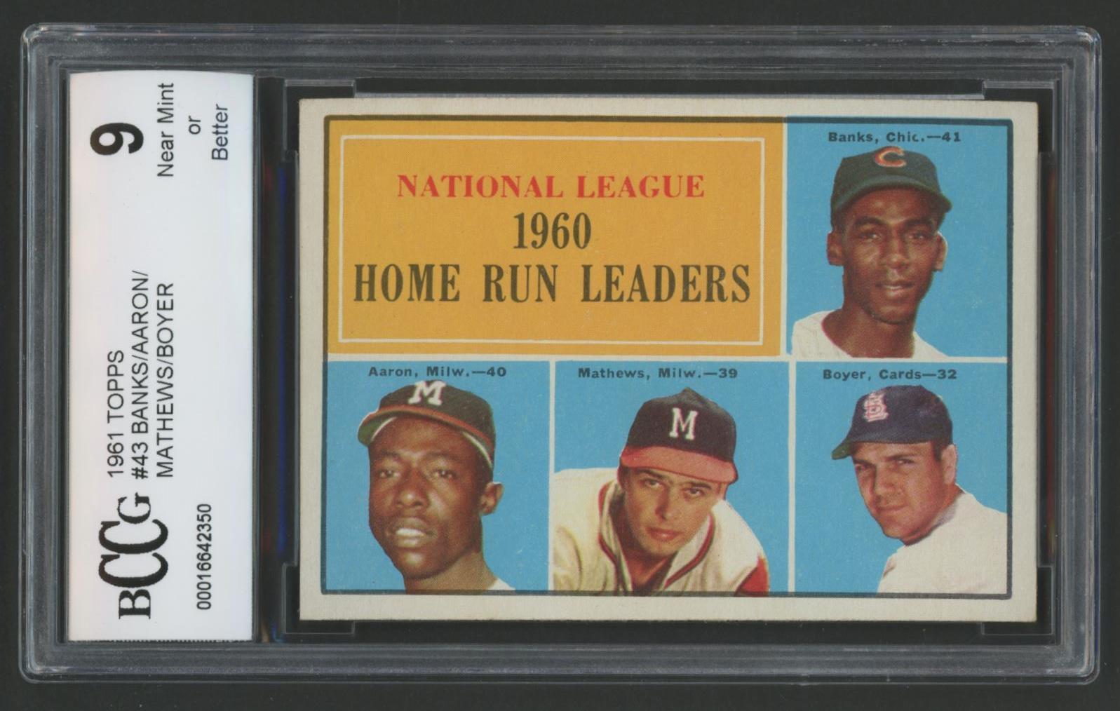 1961 Topps #43 NL Home Run Leaders / Ernie Banks / Hank Aaron / Ed Mathews / Ken Boyer (BCCG 9) at PristineAuction.com 1961 Topps #43 NL Home Run Leaders / Ernie Banks / Hank Aaron / Ed Mathews / Ken Boyer (BCCG 9) at PristineAuction.com