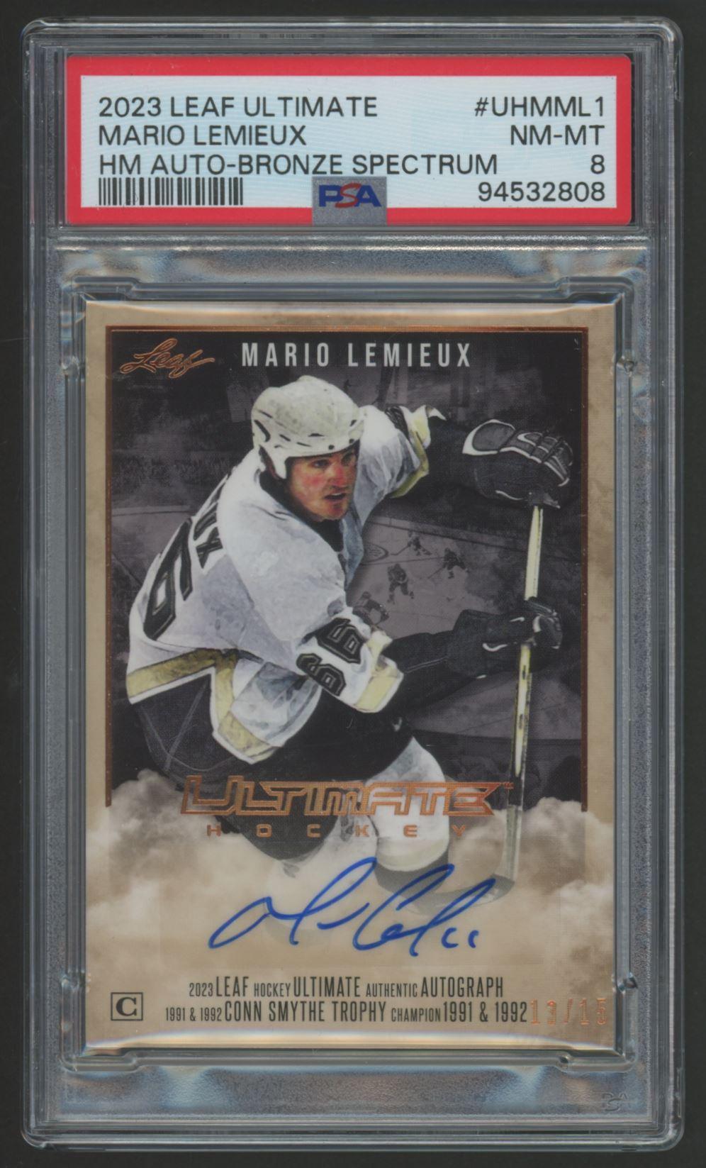 Mario Lemieux 2023 Leaf Ultimate Autographs Bronze Spectrum #UHMML1 #13/15 (PSA 8) at PristineAuction.com Mario Lemieux 2023 Leaf Ultimate Autographs Bronze Spectrum #UHMML1 #13/15 (PSA 8) at PristineAuction.com
