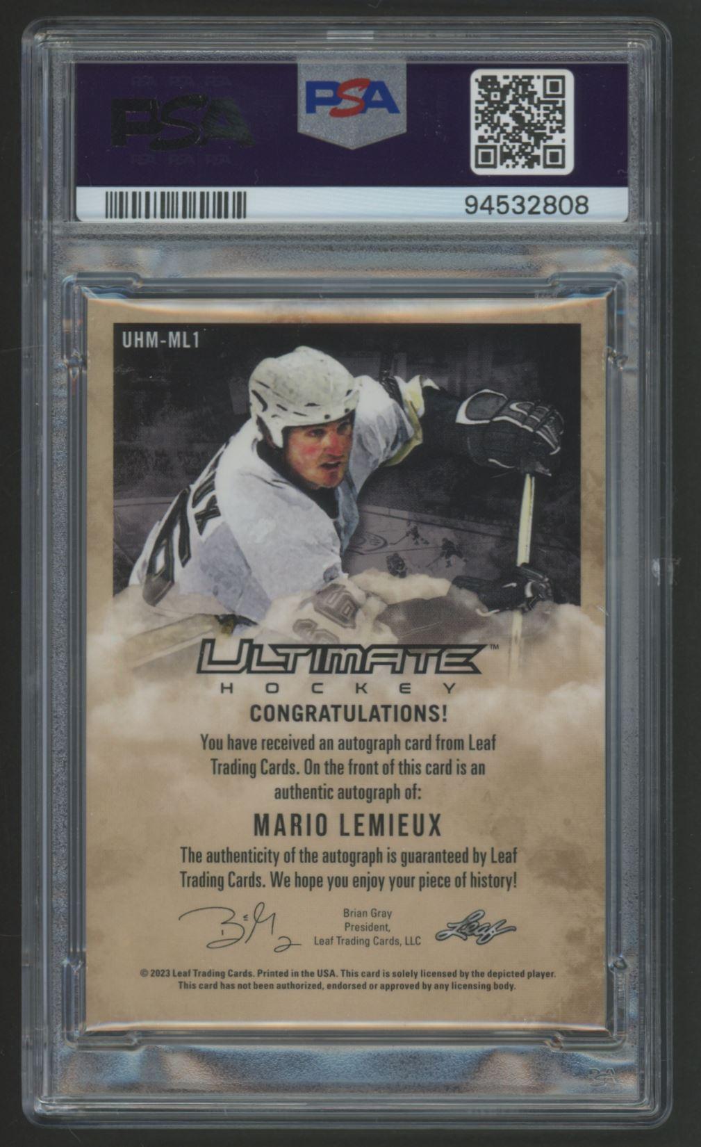 Mario Lemieux 2023 Leaf Ultimate Autographs Bronze Spectrum #UHMML1 #13/15 (PSA 8) at PristineAuction.com Mario Lemieux 2023 Leaf Ultimate Autographs Bronze Spectrum #UHMML1 #13/15 (PSA 8) at PristineAuction.com