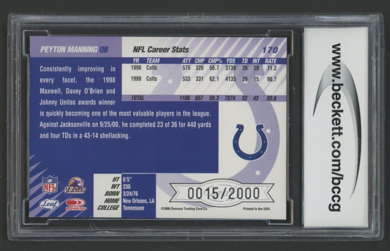 Peyton Manning 2000 Leaf Limited #170 #15/2000 (BCCG 10) at PristineAuction.com Peyton Manning 2000 Leaf Limited #170 #15/2000 (BCCG 10) at PristineAuction.com