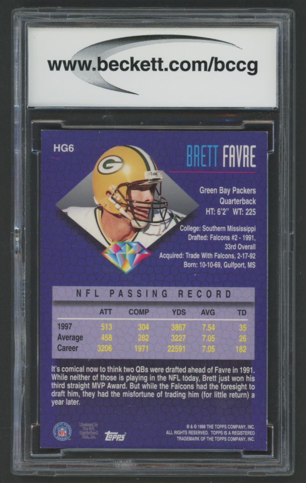 Brett Favre 1998 Topps Hidden Gems #HG6 (BCCG 10) at PristineAuction.com Brett Favre 1998 Topps Hidden Gems #HG6 (BCCG 10) at PristineAuction.com