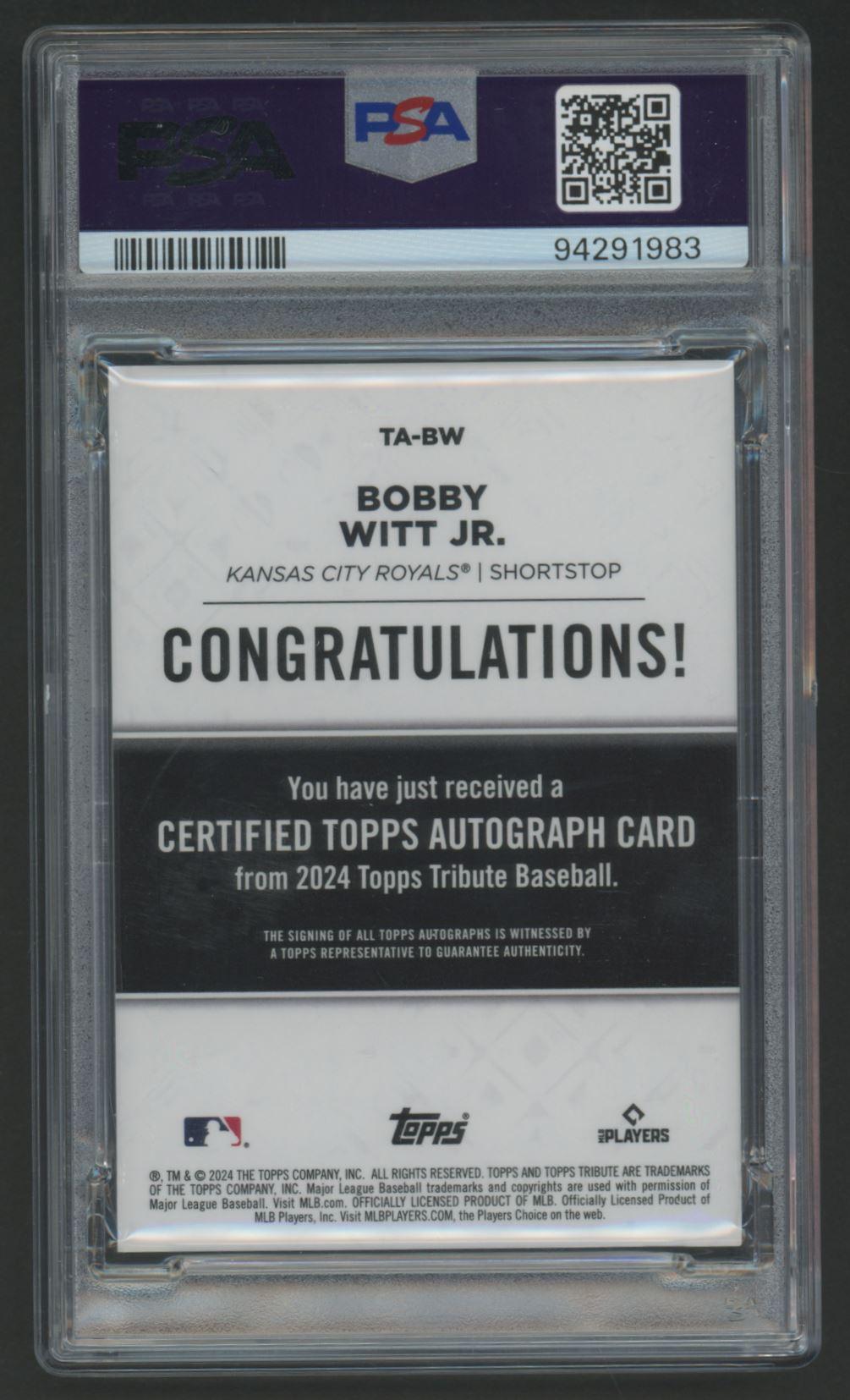 Bobby Witt Jr. 2024 Topps Tribute Autograph #TABW #29/199 (PSA 9) at PristineAuction.com Bobby Witt Jr. 2024 Topps Tribute Autograph #TABW #29/199 (PSA 9) at PristineAuction.com