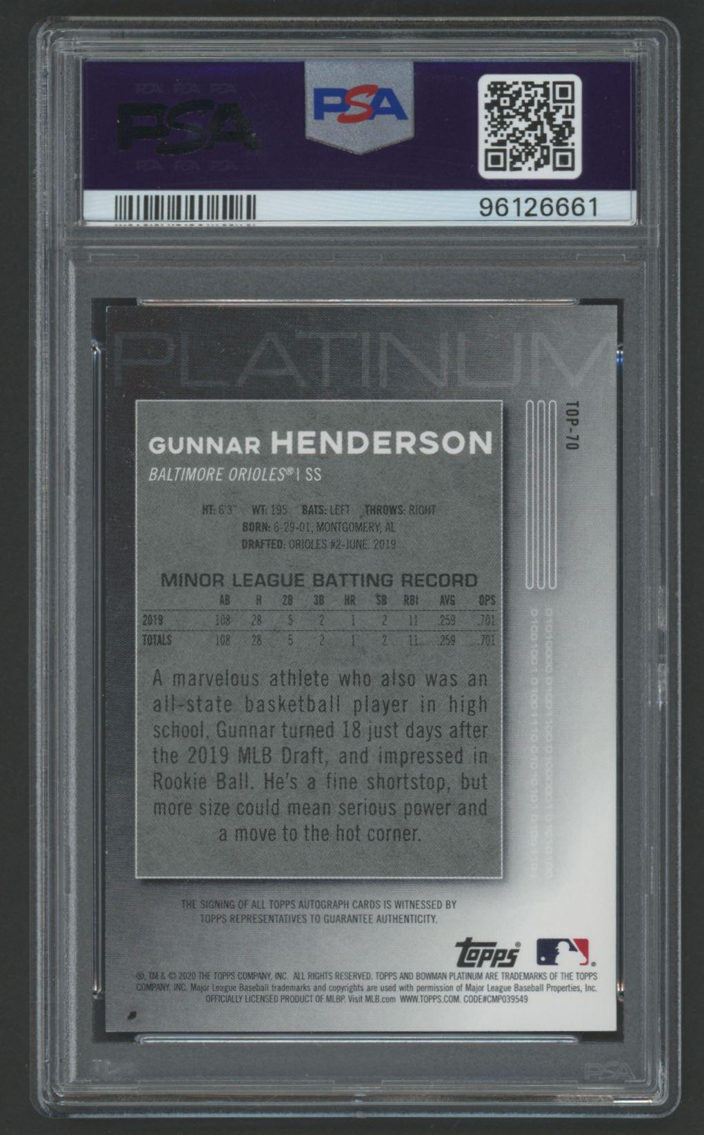 Gunnar Henderson 2022 Bowman Platinum Top Prospects Autographs Blue #TOP70 #96/150 (PSA 9) at PristineAuction.com Gunnar Henderson 2022 Bowman Platinum Top Prospects Autographs Blue #TOP70 #96/150 (PSA 9) at PristineAuction.com