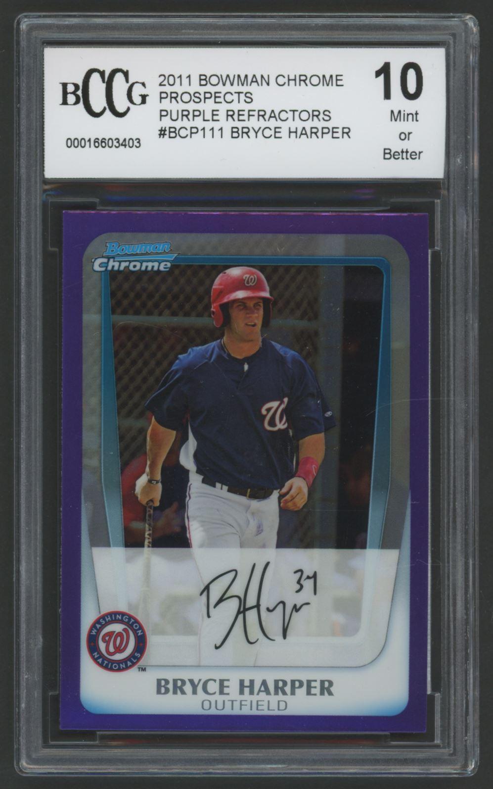 Bryce Harper 2011 Bowman Chrome Prospects Purple Refractors #BCP111 #520/799 (BCCG 10) at PristineAuction.com Bryce Harper 2011 Bowman Chrome Prospects Purple Refractors #BCP111 #520/799 (BCCG 10) at PristineAuction.com