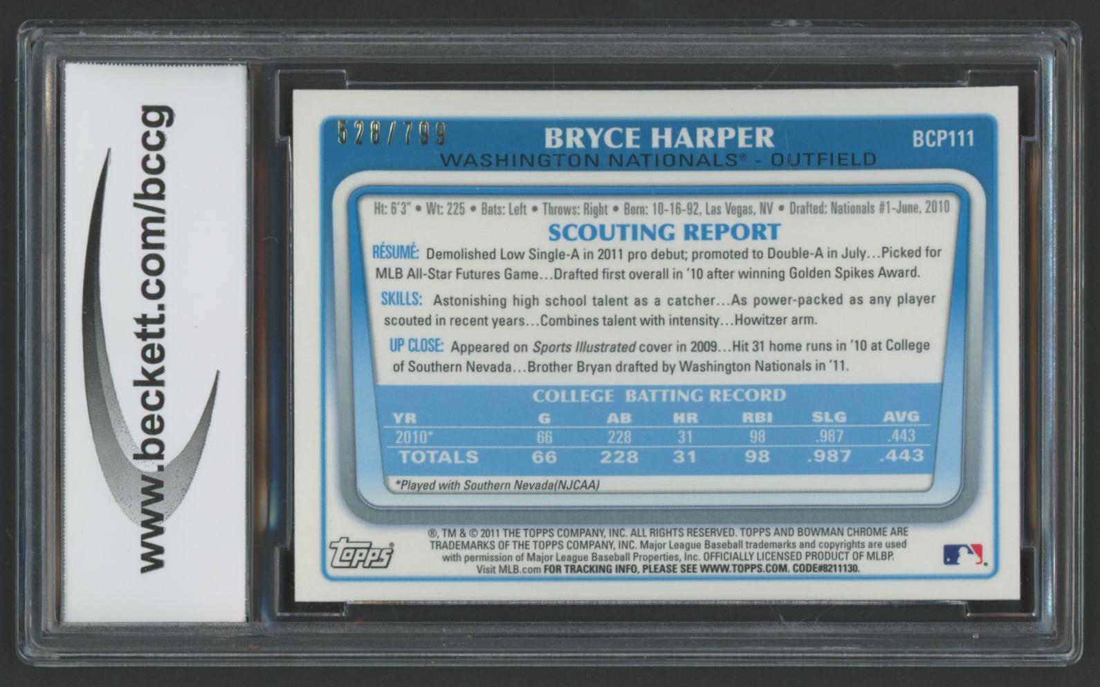 Bryce Harper 2011 Bowman Chrome Prospects Purple Refractors #BCP111 #520/799 (BCCG 10) at PristineAuction.com Bryce Harper 2011 Bowman Chrome Prospects Purple Refractors #BCP111 #520/799 (BCCG 10) at PristineAuction.com