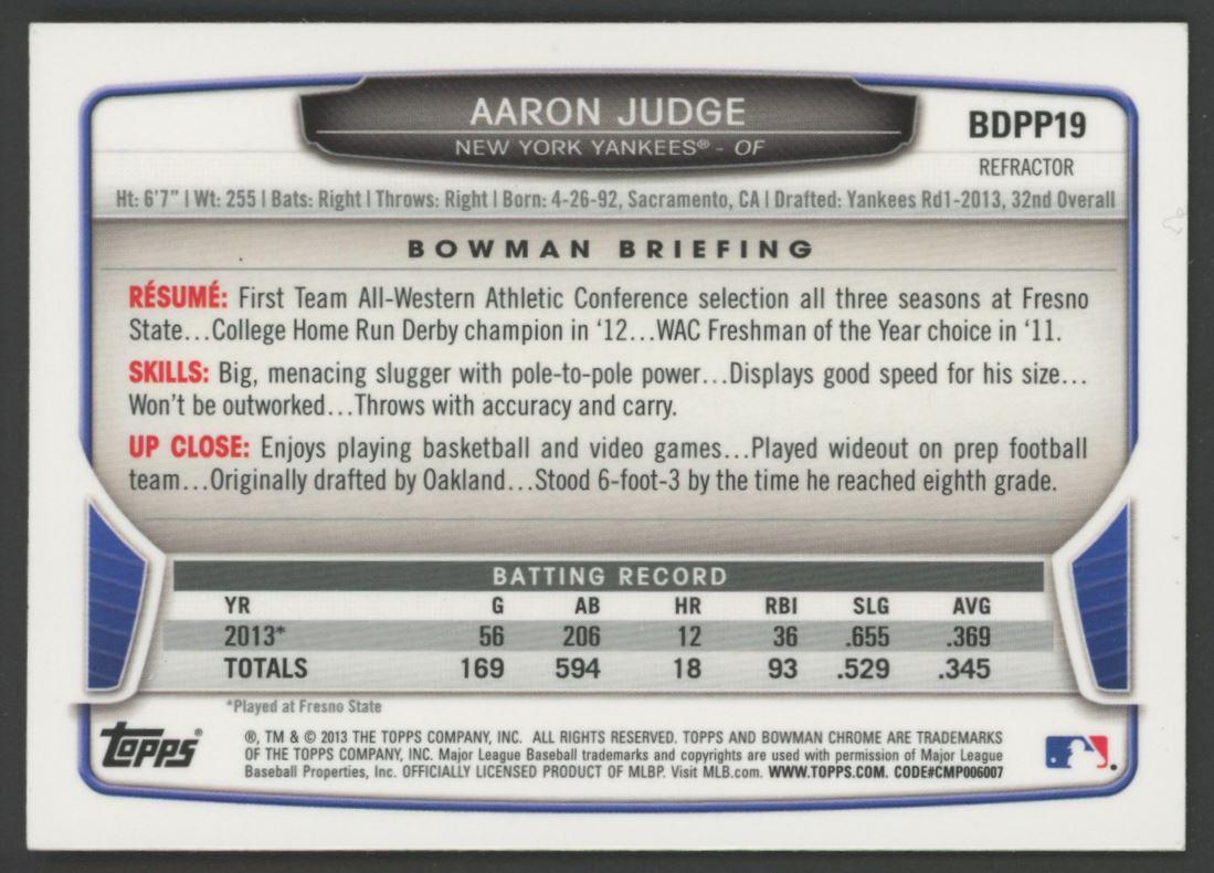 Aaron Judge 2013 Bowman Chrome Draft Picks Refractors #BDPP19 RC at PristineAuction.com Aaron Judge 2013 Bowman Chrome Draft Picks Refractors #BDPP19 RC at PristineAuction.com