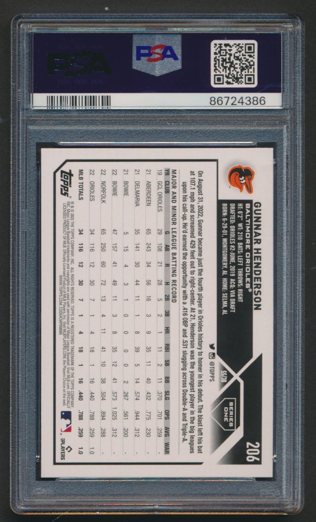 Gunnar Henderson 2023 Topps #206 RC (PSA 10) at PristineAuction.com Gunnar Henderson 2023 Topps #206 RC (PSA 10) at PristineAuction.com