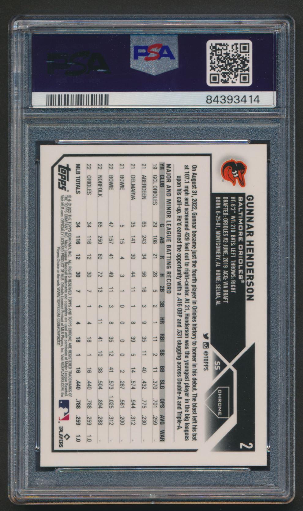 Gunnar Henderson 2023 Topps Chrome #2 RC (PSA 10) at PristineAuction.com Gunnar Henderson 2023 Topps Chrome #2 RC (PSA 10) at PristineAuction.com