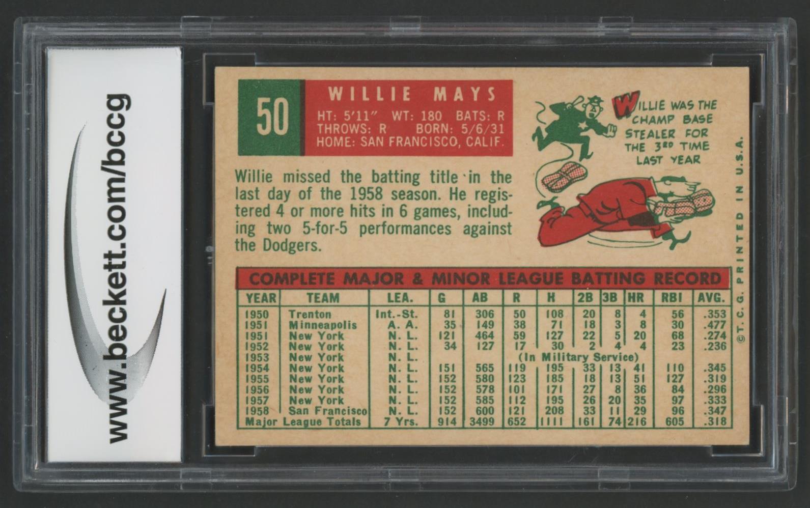 Willie Mays 1959 Topps #50 (BCCG 9) at PristineAuction.com Willie Mays 1959 Topps #50 (BCCG 9) at PristineAuction.com