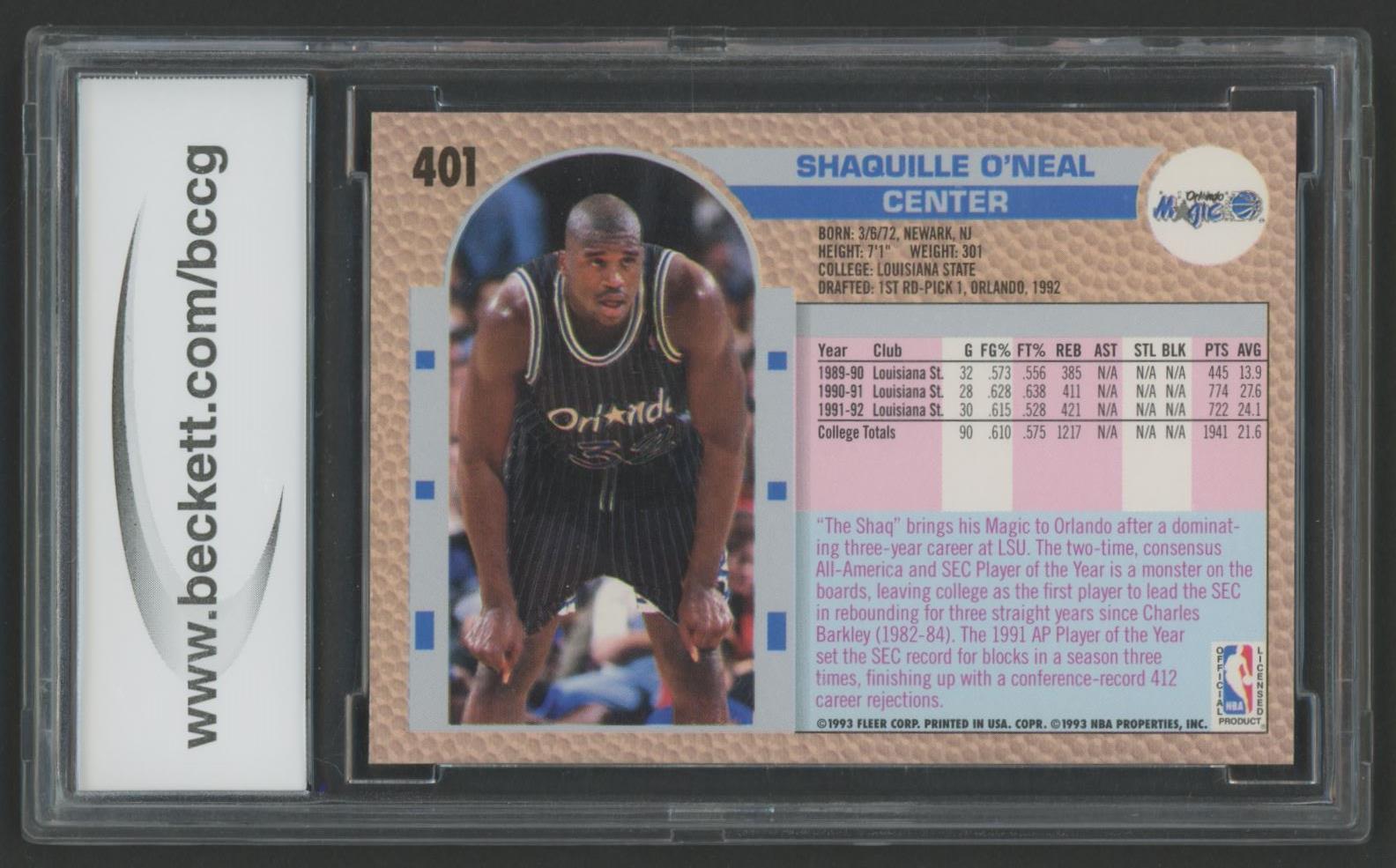 Shaquille O'Neal 1992-93 Fleer #401 RC (BCCG 10) at PristineAuction.com Shaquille O'Neal 1992-93 Fleer #401 RC (BCCG 10) at PristineAuction.com