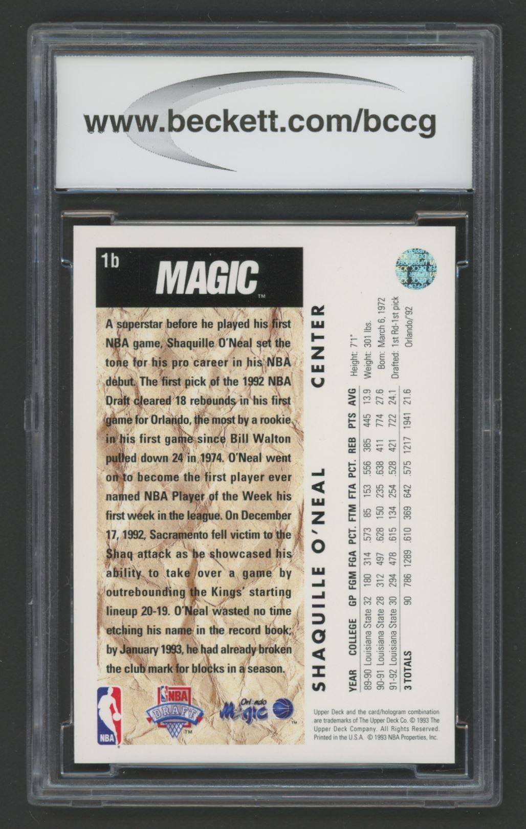 Shaquille O'Neal 1992-93 Upper Deck #1B Trade RC (BCCG 10) at PristineAuction.com Shaquille O'Neal 1992-93 Upper Deck #1B Trade RC (BCCG 10) at PristineAuction.com