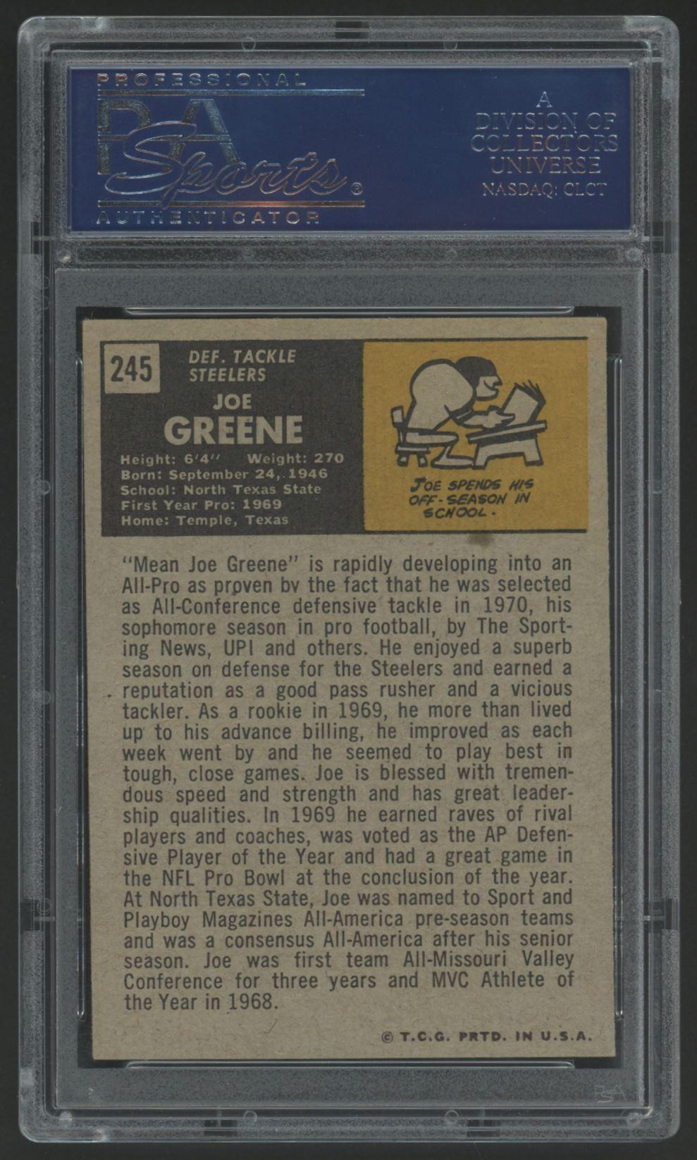 Joe Greene Signed 1971 Topps #245 RC Inscribed "HOF 87" (PSA) at PristineAuction.com Joe Greene Signed 1971 Topps #245 RC Inscribed "HOF 87" (PSA) at PristineAuction.com