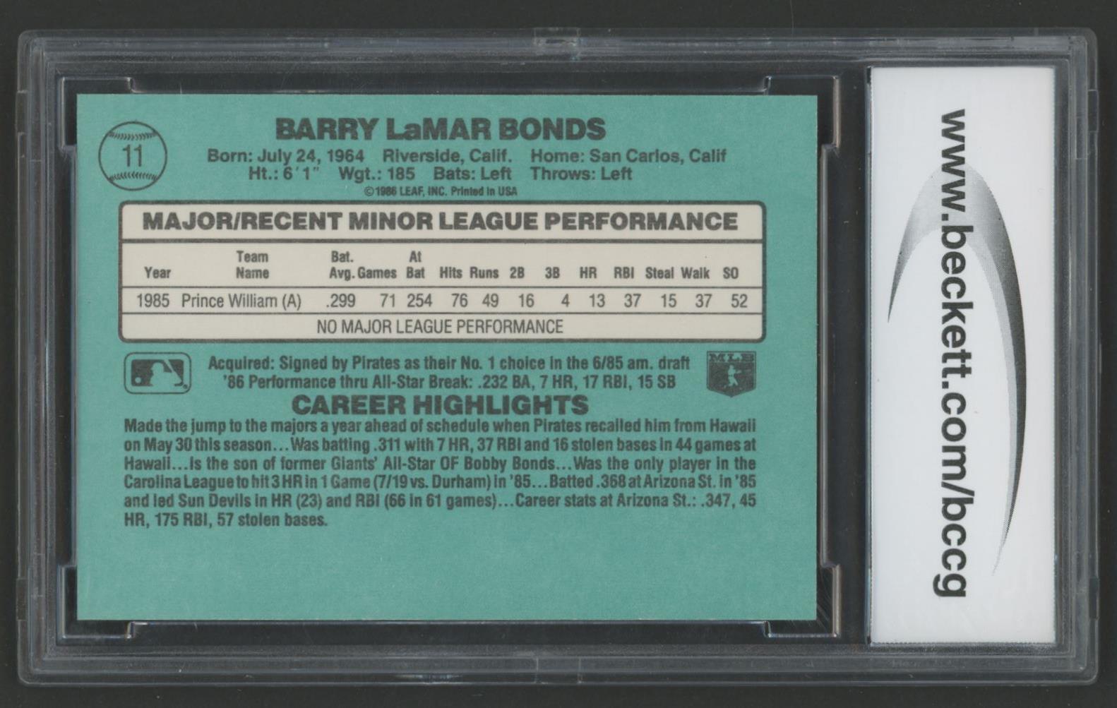Barry Bonds 1986 Donruss Rookies #11 XRC (BCCG 10) at PristineAuction.com Barry Bonds 1986 Donruss Rookies #11 XRC (BCCG 10) at PristineAuction.com
