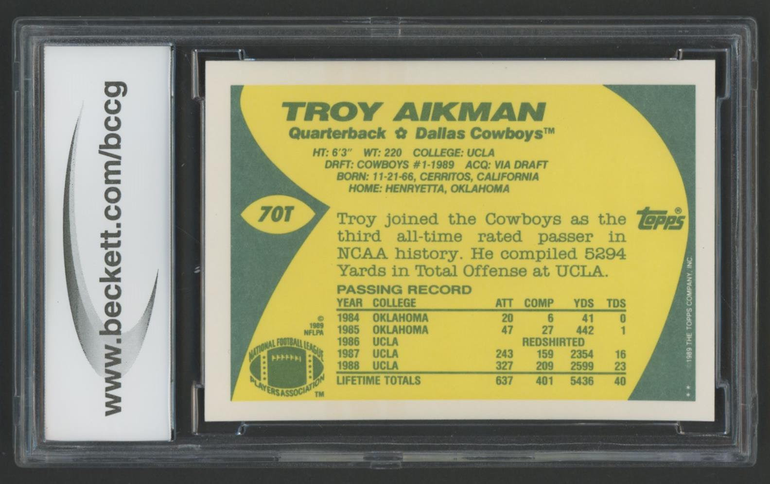 Troy Aikman 1989 Topps Traded #70T RC (BCCG 10) at PristineAuction.com Troy Aikman 1989 Topps Traded #70T RC (BCCG 10) at PristineAuction.com