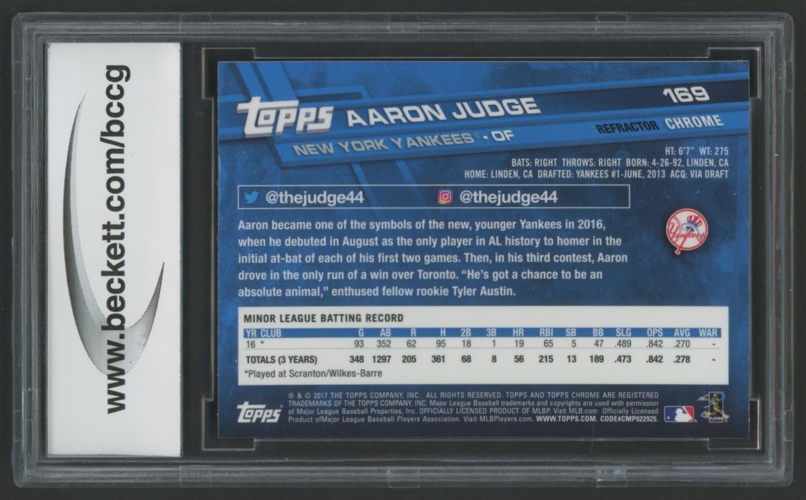 Aaron Judge 2017 Topps Chrome Pink Refractors #169 RC (BCCG 10) at PristineAuction.com Aaron Judge 2017 Topps Chrome Pink Refractors #169 RC (BCCG 10) at PristineAuction.com