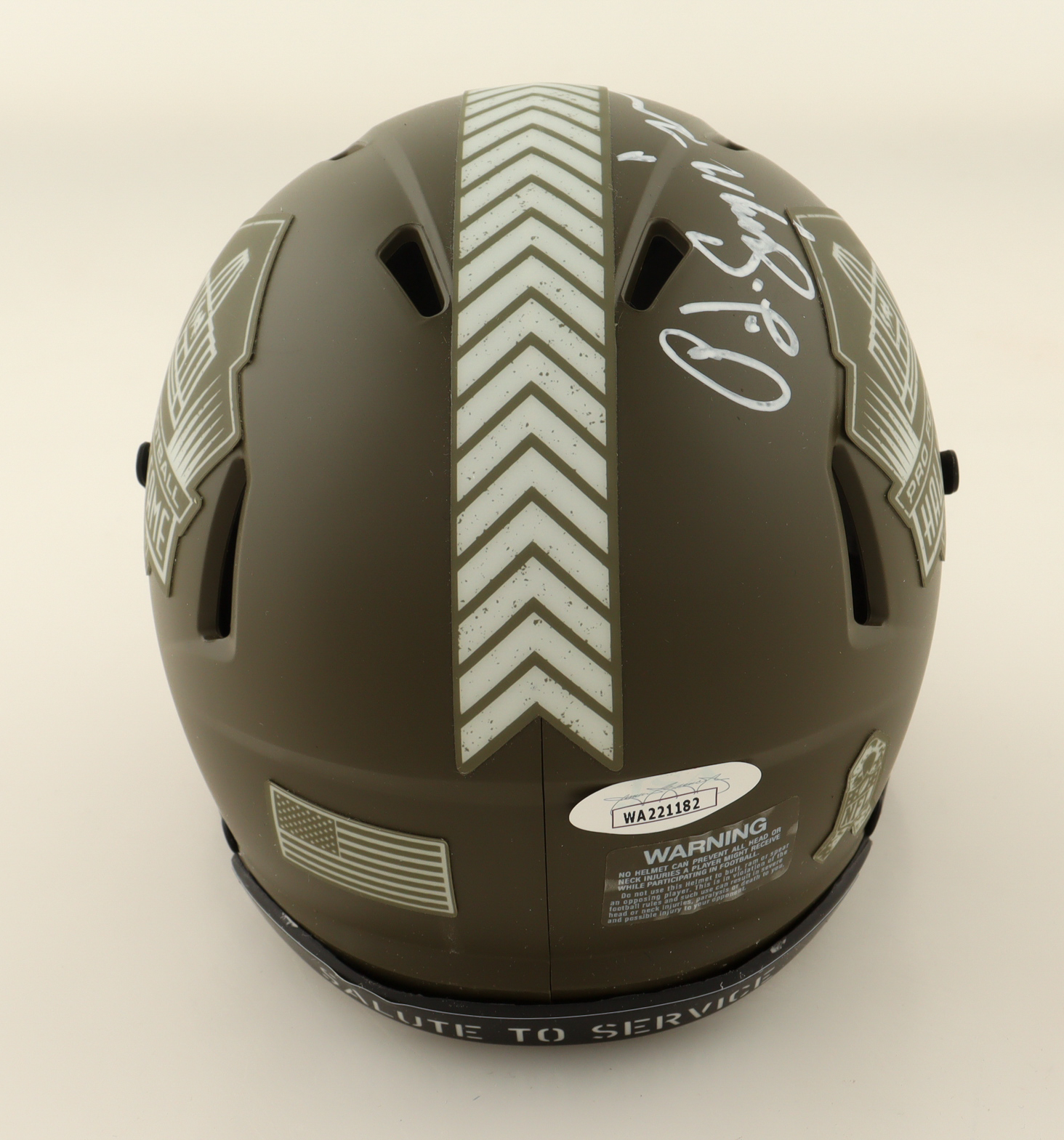 O.J. Simpson Signed Salute To Service Alternate Hall of Fame Logo Speed Mini Helmet (JSA) at PristineAuction.com O.J. Simpson Signed Salute To Service Alternate Hall of Fame Logo Speed Mini Helmet (JSA) at PristineAuction.com