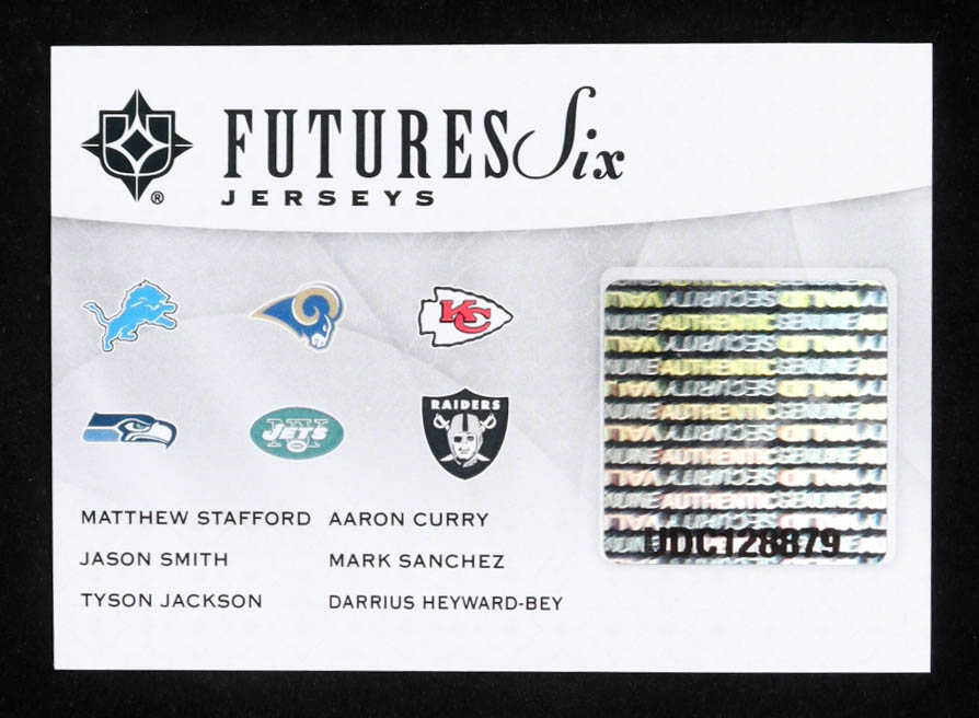 Aaron Curry / Mark Sanchez / Darrius Heyward-Bey / Matthew Stafford / Tyson Jackson / Jason Smith 2009 Ultimate Collection Ultimate Future Six Jerseys #5 #51/99 (UDA) at PristineAuction.com Aaron Curry / Mark Sanchez / Darrius Heyward-Bey / Matthew Stafford / Tyson Jackson / Jason Smith 2009 Ultimate Collection Ultimate Future Six Jerseys #5 #51/99 (UDA) at PristineAuction.com