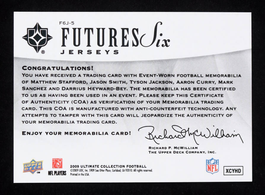 Aaron Curry / Mark Sanchez / Darrius Heyward-Bey / Matthew Stafford / Tyson Jackson / Jason Smith 2009 Ultimate Collection Ultimate Future Six Jerseys #5 #51/99 (UDA) at PristineAuction.com Aaron Curry / Mark Sanchez / Darrius Heyward-Bey / Matthew Stafford / Tyson Jackson / Jason Smith 2009 Ultimate Collection Ultimate Future Six Jerseys #5 #51/99 (UDA) at PristineAuction.com