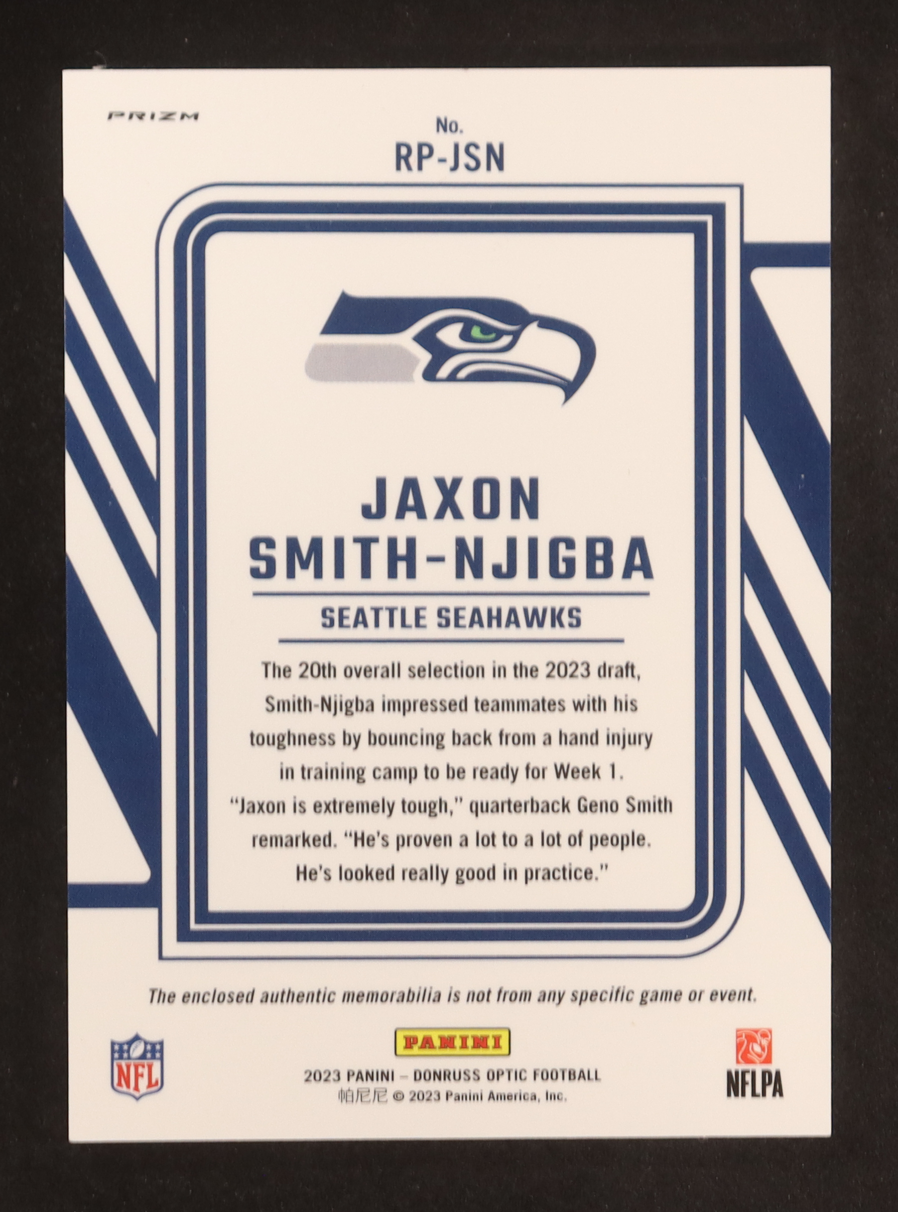 Jaxon Smith-Njigba 2023 Donruss Optic Rookie Phenoms Jerseys Blue Hyper #18 RC at PristineAuction.com Jaxon Smith-Njigba 2023 Donruss Optic Rookie Phenoms Jerseys Blue Hyper #18 RC at PristineAuction.com