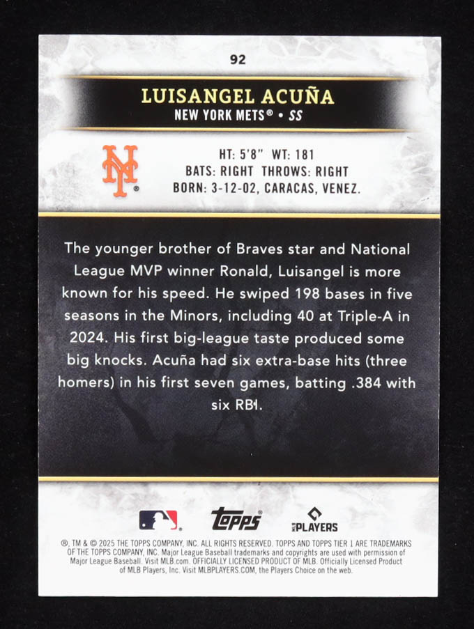 Luisangel Acuna 2025 Topps Tier One Red Foil #92 #49/50 at PristineAuction.com Luisangel Acuna 2025 Topps Tier One Red Foil #92 #49/50 at PristineAuction.com