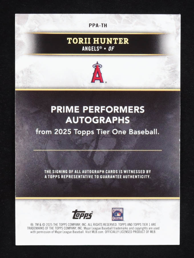 Torii Hunter 2025 Topps Tier One Prime Performers Autographs Green Foil #PPATH #29/49 at PristineAuction.com Torii Hunter 2025 Topps Tier One Prime Performers Autographs Green Foil #PPATH #29/49 at PristineAuction.com