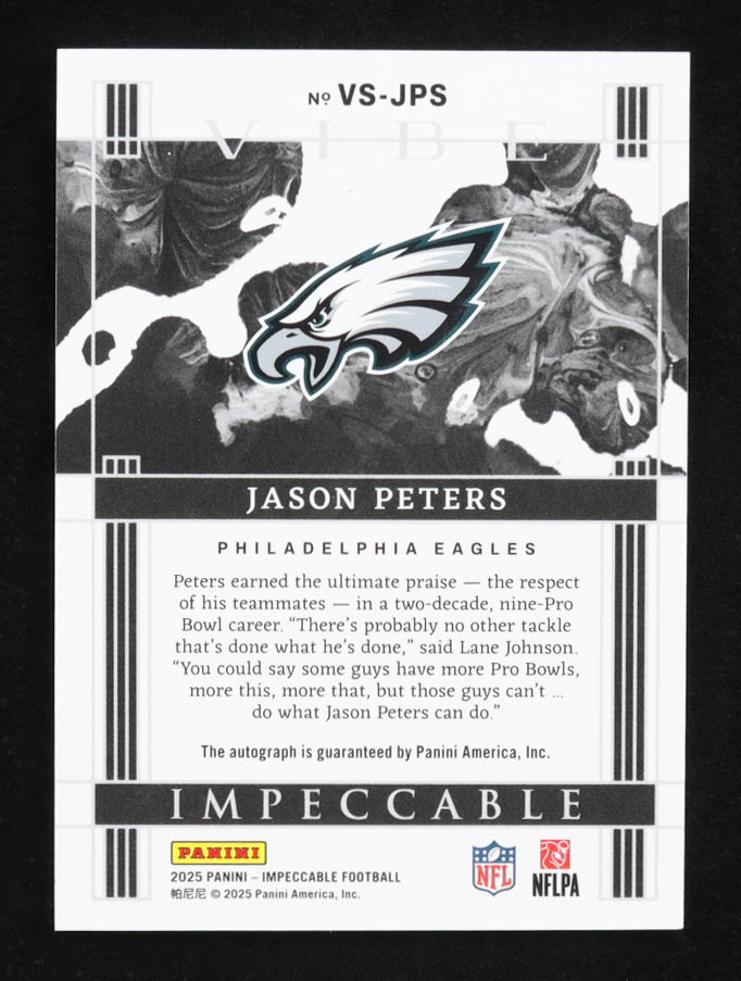 Jason Peters 2025 Panini Impeccable Vibes Signatures Bronze #7 #7/25 at PristineAuction.com Jason Peters 2025 Panini Impeccable Vibes Signatures Bronze #7 #7/25 at PristineAuction.com