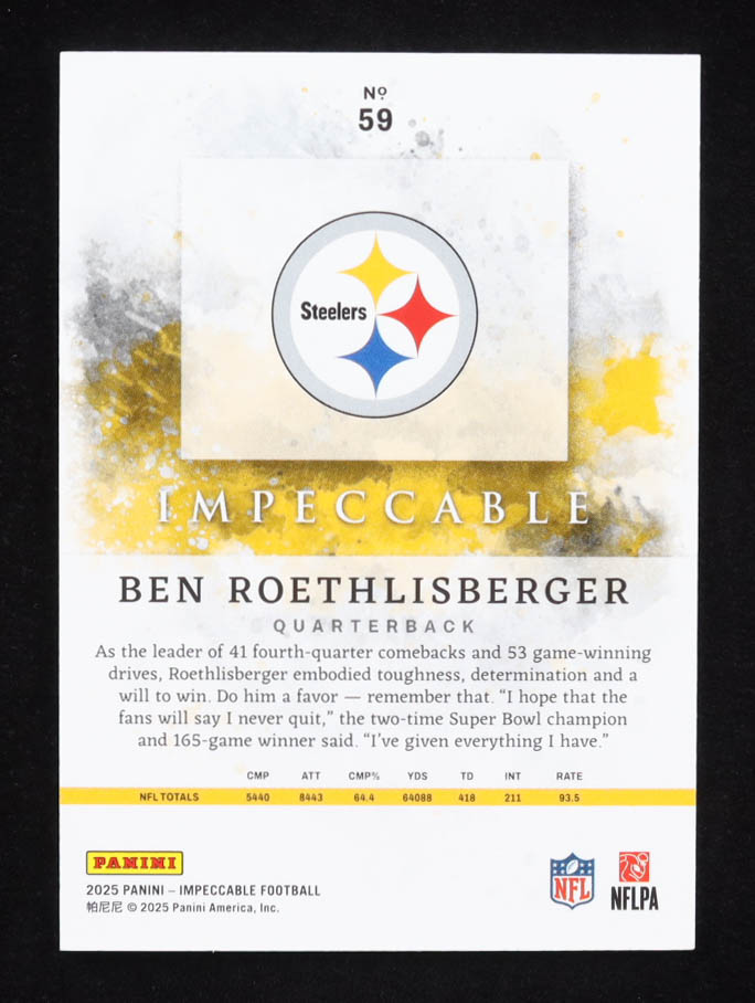 Ben Roethlisberger 2025 Panini Impeccable Silver #59 #22/60 at PristineAuction.com Ben Roethlisberger 2025 Panini Impeccable Silver #59 #22/60 at PristineAuction.com