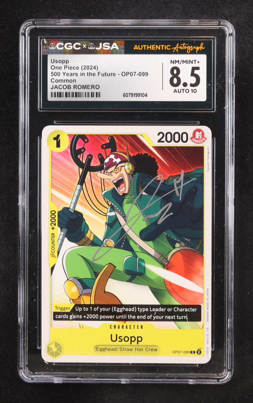 Jacob Romero Signed 2024 Usopp One Piece Card Game 500 Years in the Future C #OP07-099 (CGC 8.5 | Autograph Graded CGC 10) at PristineAuction.com Jacob Romero Signed 2024 Usopp One Piece Card Game 500 Years in the Future C #OP07-099 (CGC 8.5 | Autograph Graded CGC 10) at PristineAuction.com