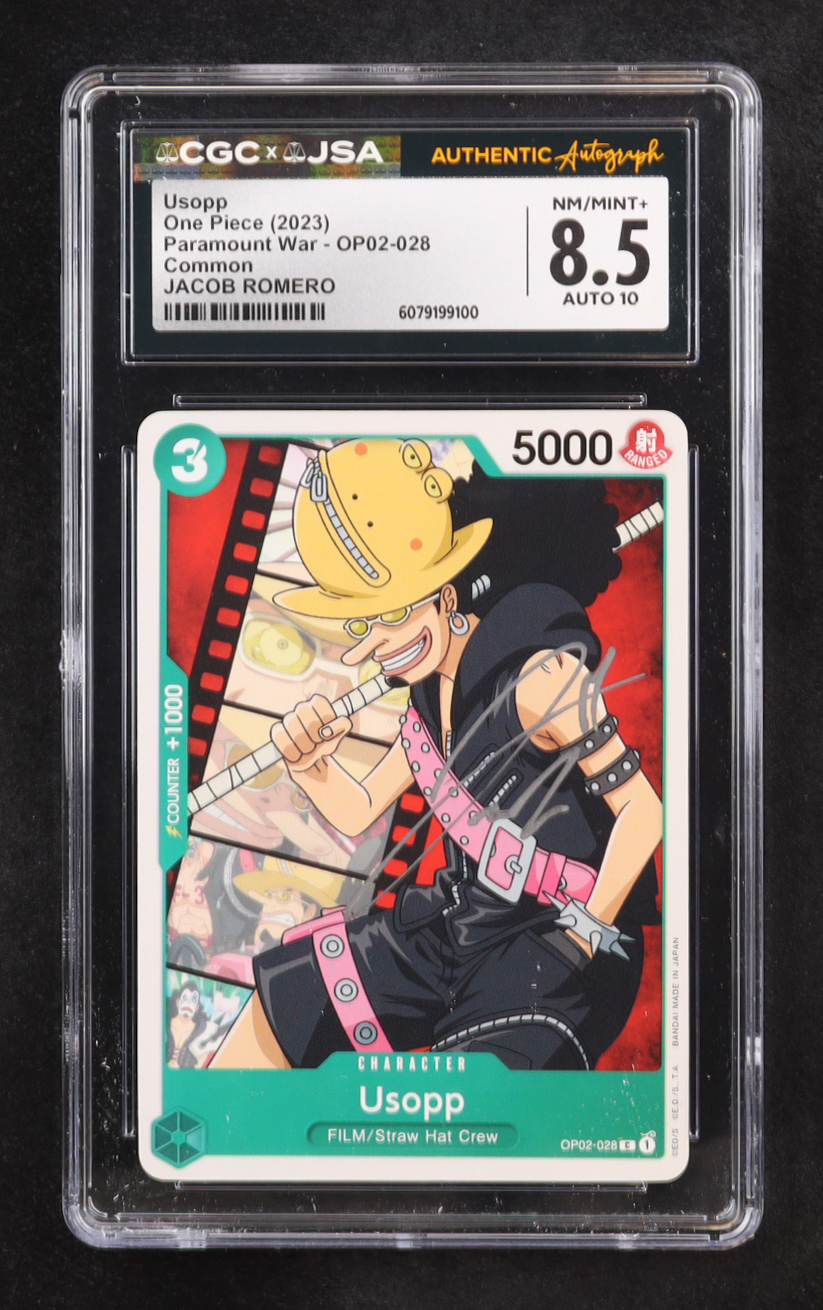 Jacob Romero 2023 Usopp One Piece Card Game 500 Paramount War C #OP02-028 (CGC 8.5 | Autograph Graded CGC 10) at PristineAuction.com Jacob Romero 2023 Usopp One Piece Card Game 500 Paramount War C #OP02-028 (CGC 8.5 | Autograph Graded CGC 10) at PristineAuction.com