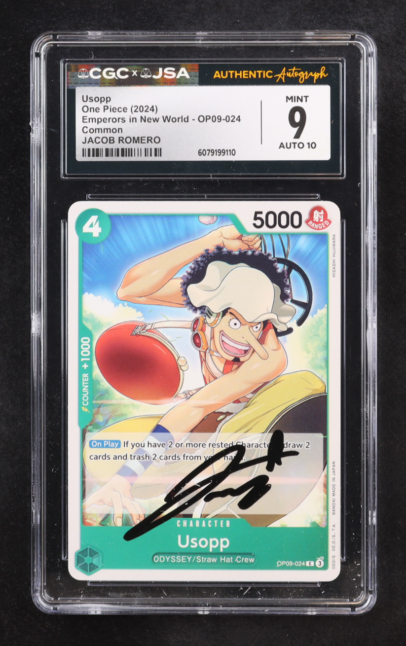 Jacob Romero Signed 2024 Usopp One Piece Card Game Emperors in New World C #OP09-024 (CGC 9 | Autograph Graded CGC 10) at PristineAuction.com Jacob Romero Signed 2024 Usopp One Piece Card Game Emperors in New World C #OP09-024 (CGC 9 | Autograph Graded CGC 10) at PristineAuction.com