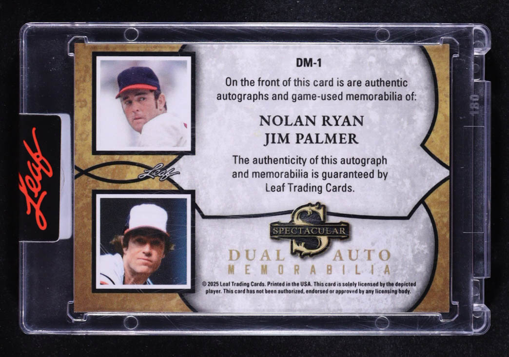 Nolan Ryan / Jim Palmer 2025 Leaf Spectacular Dual Memorabilia Auto Spectrum Silver Holofoil #DM1 #09/15 at PristineAuction.com Nolan Ryan / Jim Palmer 2025 Leaf Spectacular Dual Memorabilia Auto Spectrum Silver Holofoil #DM1 #09/15 at PristineAuction.com
