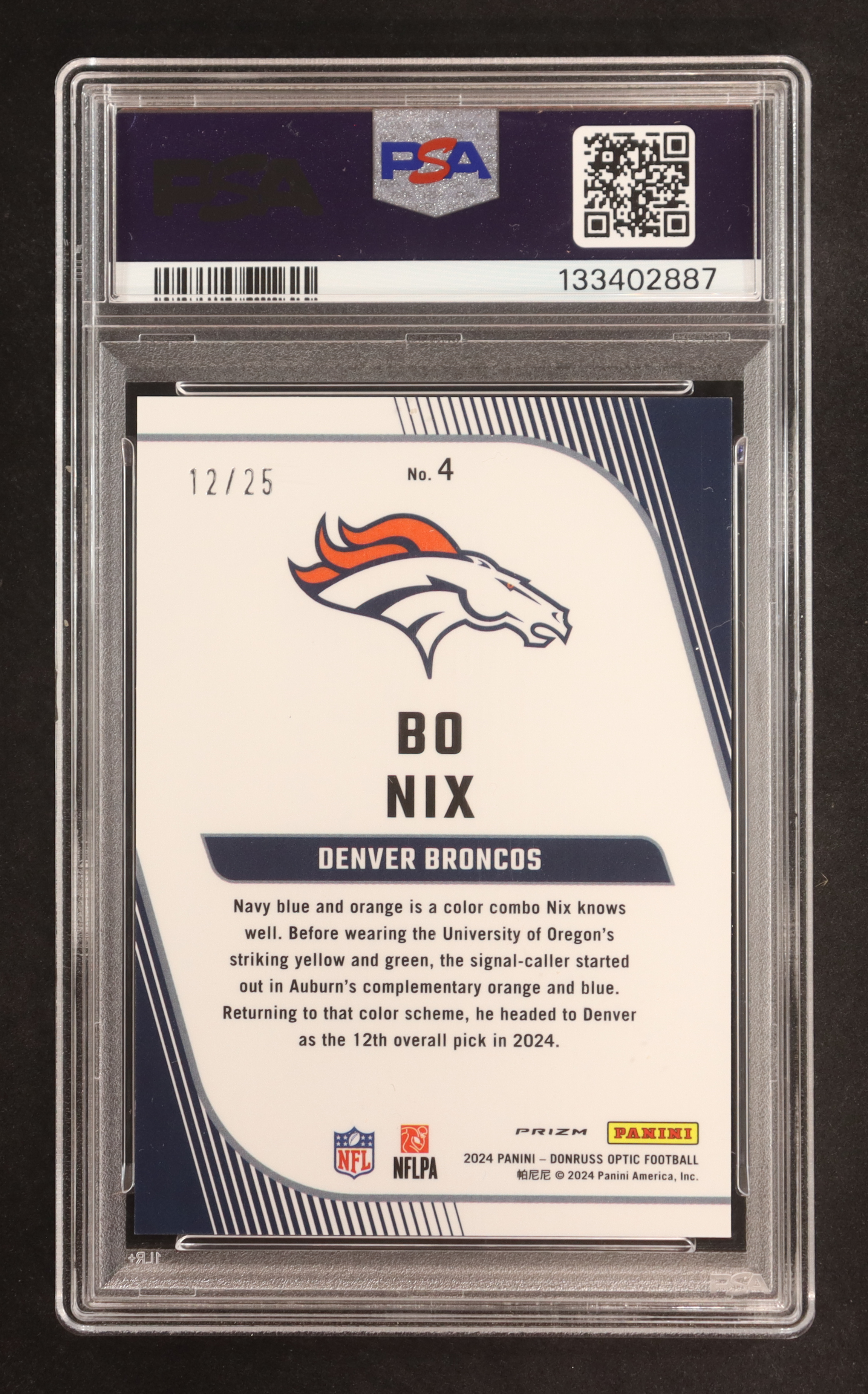 Bo Nix 2024 Donruss Optic Rookie Primary Colors Black Pandora #4 #12/25 RC (PSA 9) at PristineAuction.com Bo Nix 2024 Donruss Optic Rookie Primary Colors Black Pandora #4 #12/25 RC (PSA 9) at PristineAuction.com