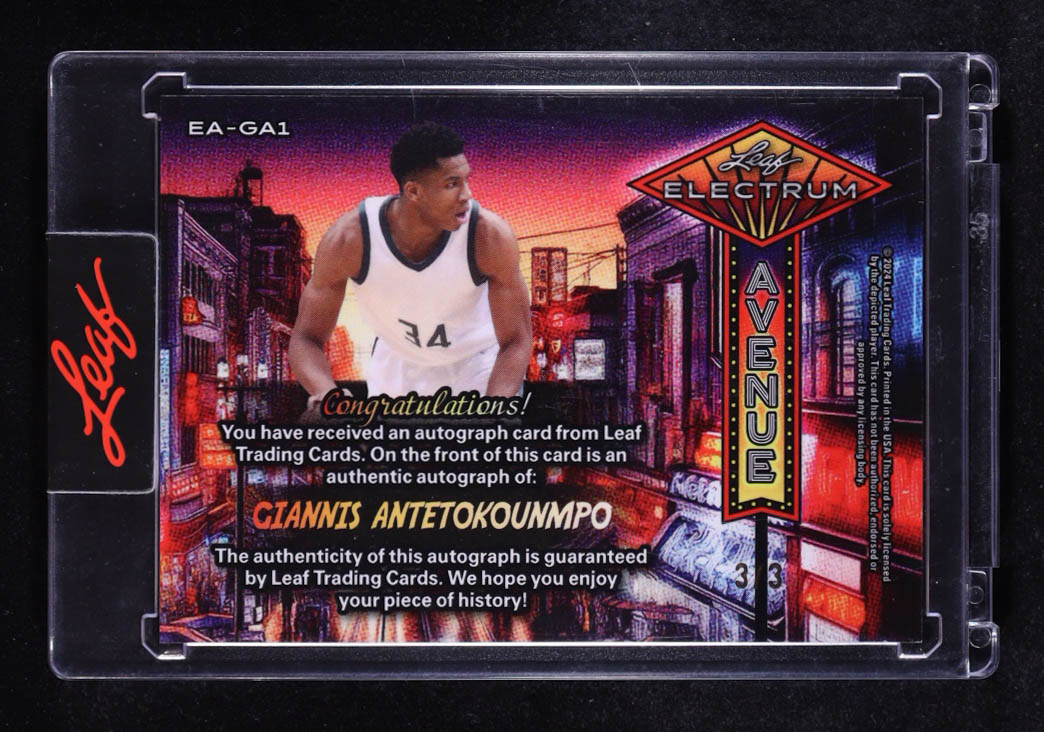 Giannis Antetokounmpo 2024 Leaf Electrum Avenue Autographs Spectrum Silver Holofoil #EAGA1 #3/3 at PristineAuction.com Giannis Antetokounmpo 2024 Leaf Electrum Avenue Autographs Spectrum Silver Holofoil #EAGA1 #3/3 at PristineAuction.com